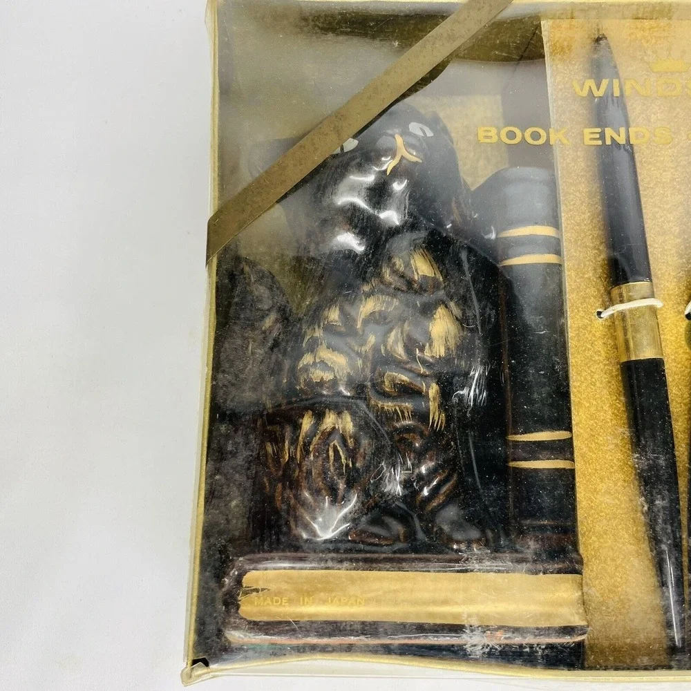 Siamese Cat Bookends MCM 50s DESK SET Pens Goth Wicca‎ w/BOX Vintage Black Gold